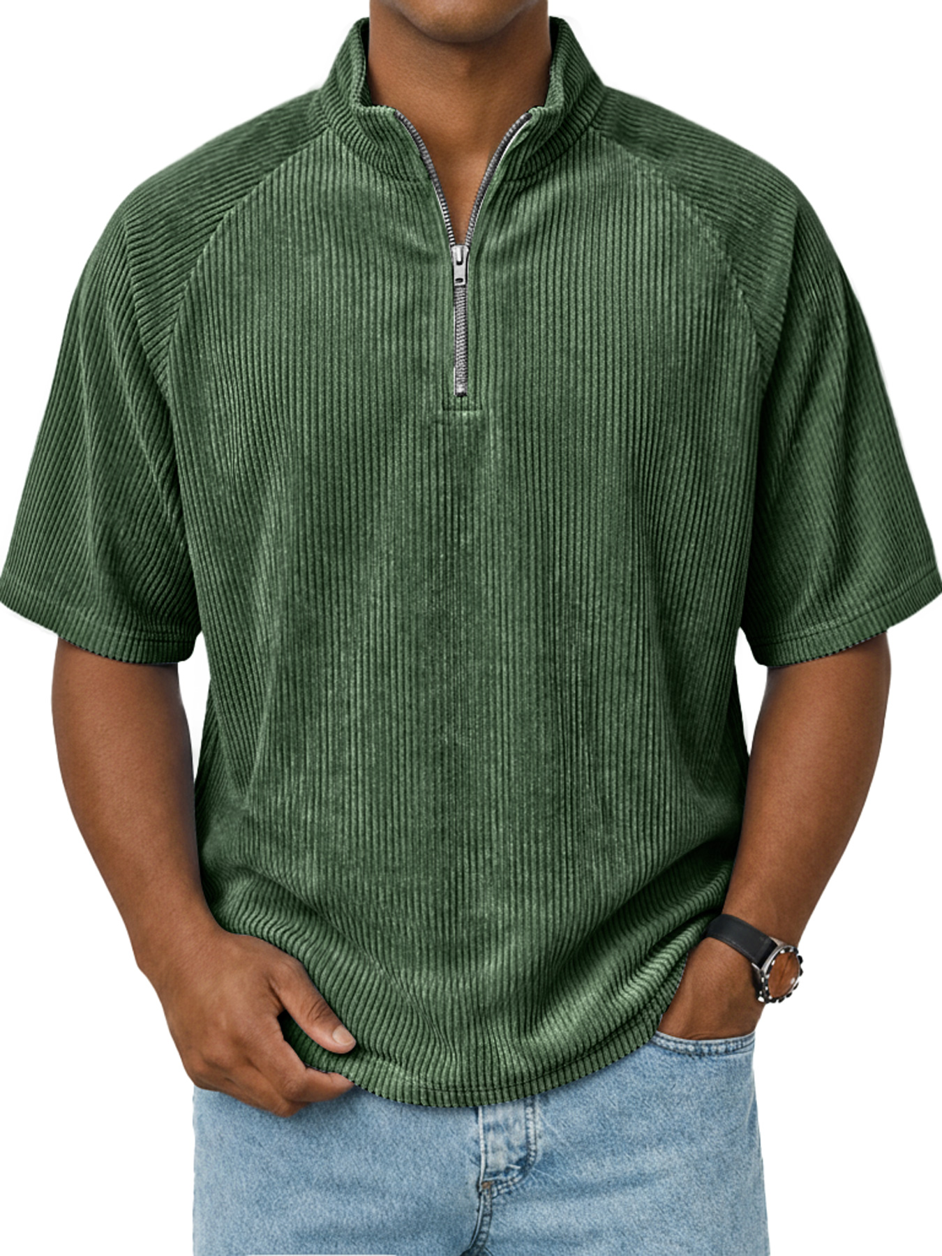 Men's Retro Raglan Corduroy Stand Collar Zipper Casual Short Sleeve T-Shirt