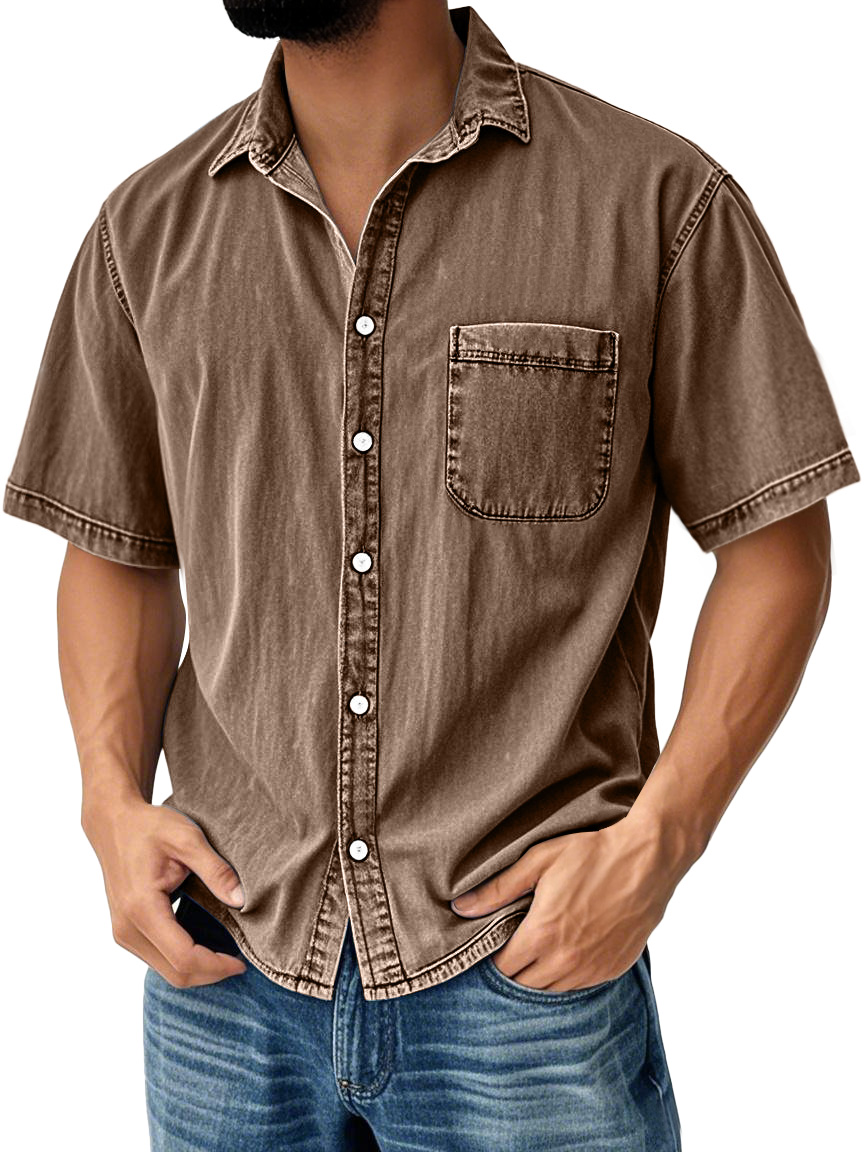 Men's Retro Casual Lapel Pocket Solid Color Short Sleeve Shirt