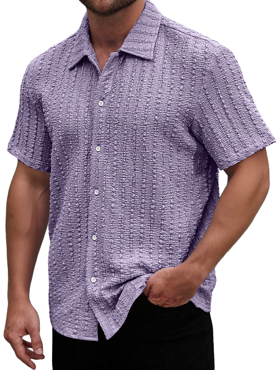 Men's Casual Textured Lapel Solid Color Short-sleeved Shirt