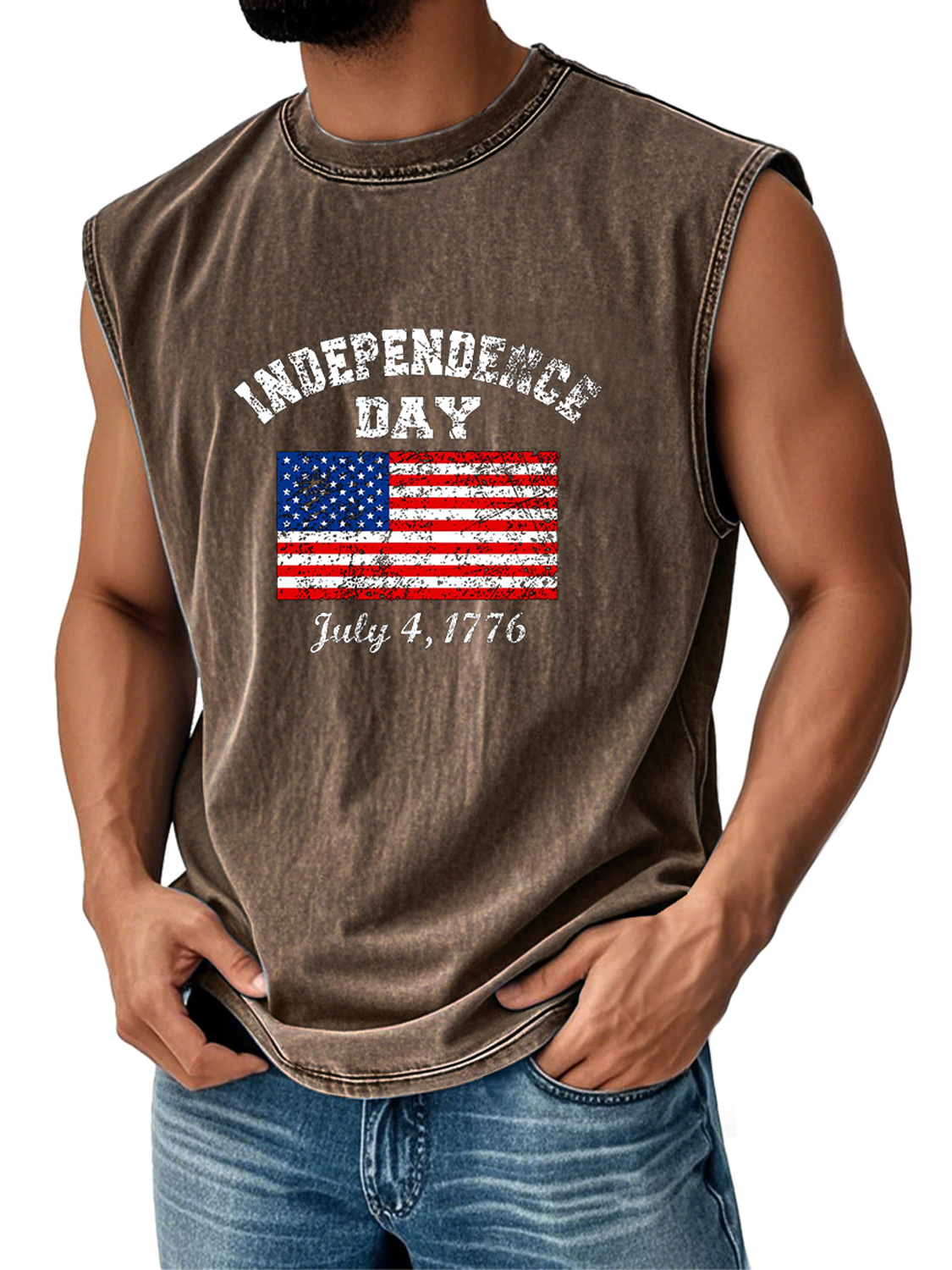 Men's Retro Everyday Independence Day Flag Print Casual Round Neck Sleeveless Vest