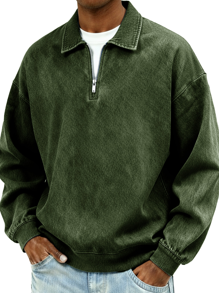 Men's Retro Fashion Distressed Collar Zipper Long-Sleeve Polo Shirt