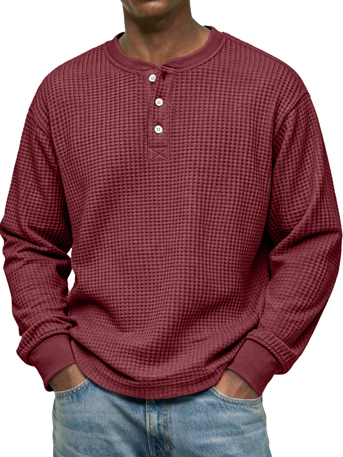 Men's Simple Waffle Casual Long-Sleeved Henley Shirt