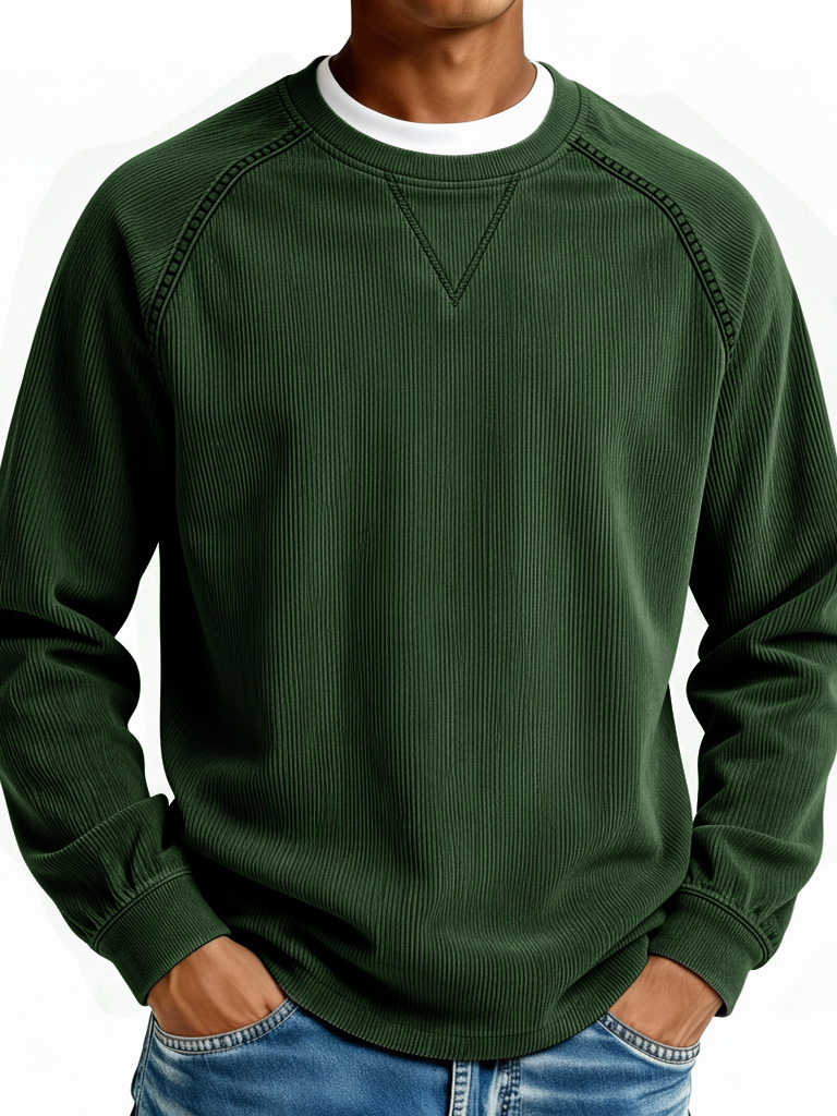 Men's Fashionable Casual Retro Ribbed Fabric Long-Sleeve Crew Neck Top