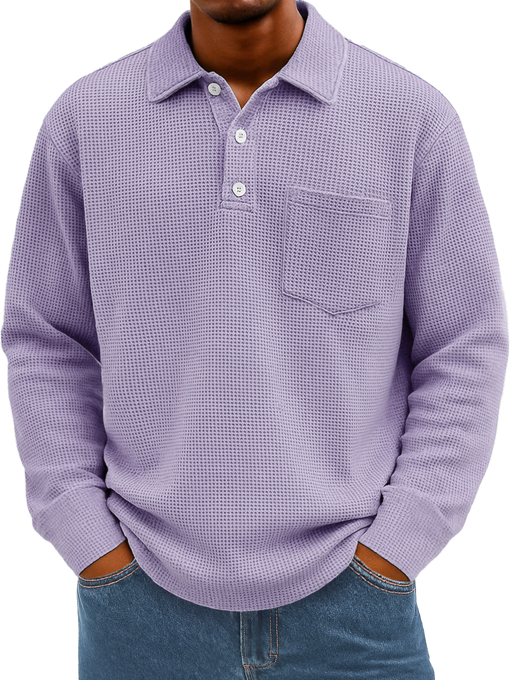 Men's Everyday Waffle Lapel Button Casual Pocket Long Sleeve Polo Shirt