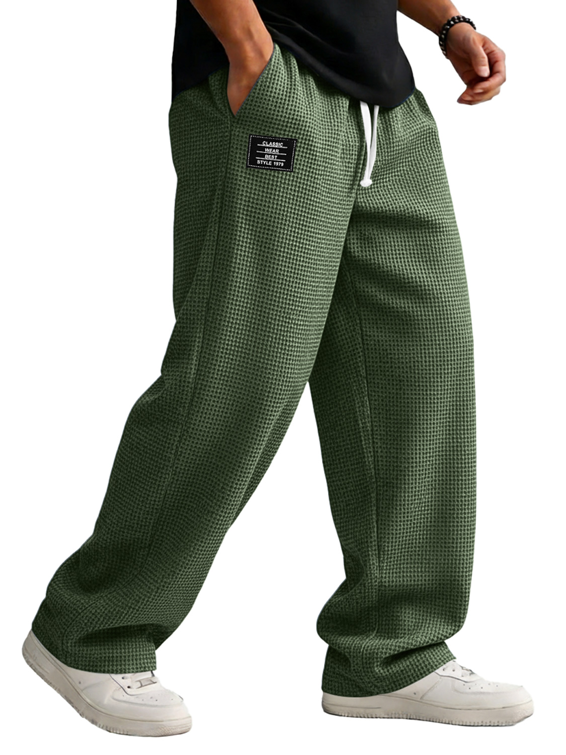 Men's Loose-fitting Waffle-knit Casual Trousers With Elastic Waistband And Embroidered Logo