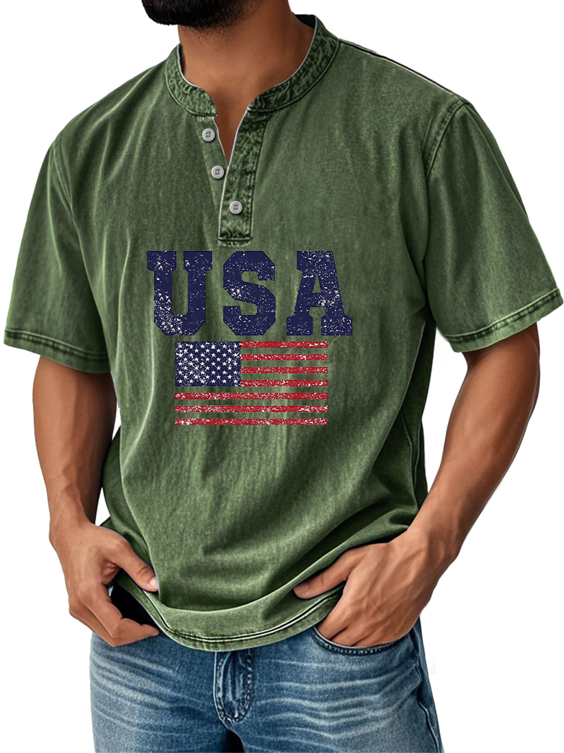 Men's Everyday Independence Day Flag Print Casual Stand Collar Short Sleeve Henley Shirt
