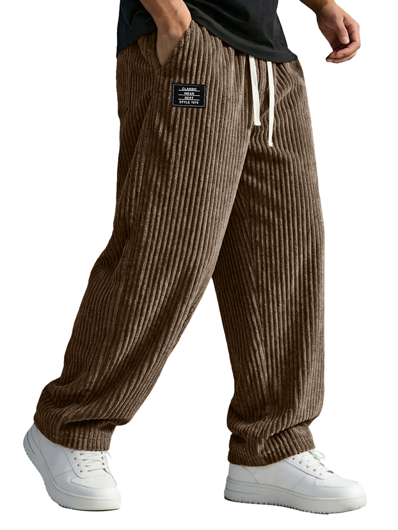 Men's Corduroy Casual Trousers With Embroidered Logo And Elastic Waistband