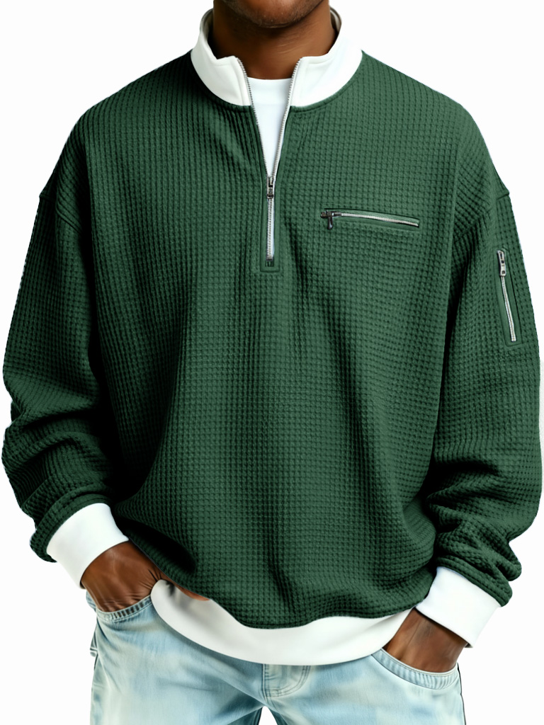 Men's Fashion Casual Patchwork Zipper Stand Collar Waffle Gown Long-Sleeve Top