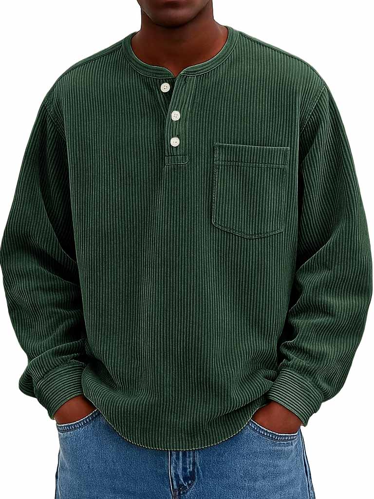 Men's Fashion Casual Corduroy Pocket Long Sleeve Henley Shirt