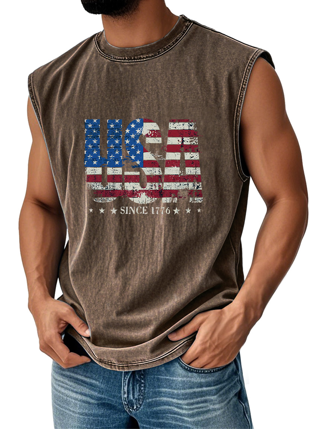Men's Retro Everyday Independence Day USA Flag Printed Casual Round Neck Sleeveless Vest