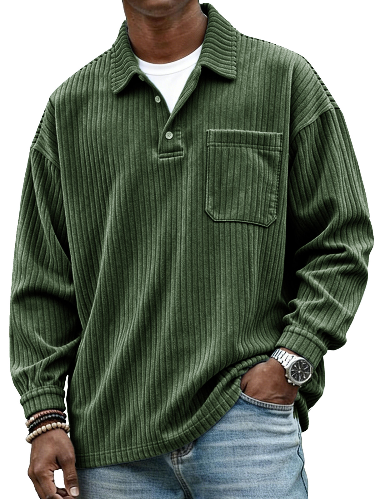  Stylish Casual Loose Corduroy Fabric Lapel Pockets Long-sleeved Polo Shirt 