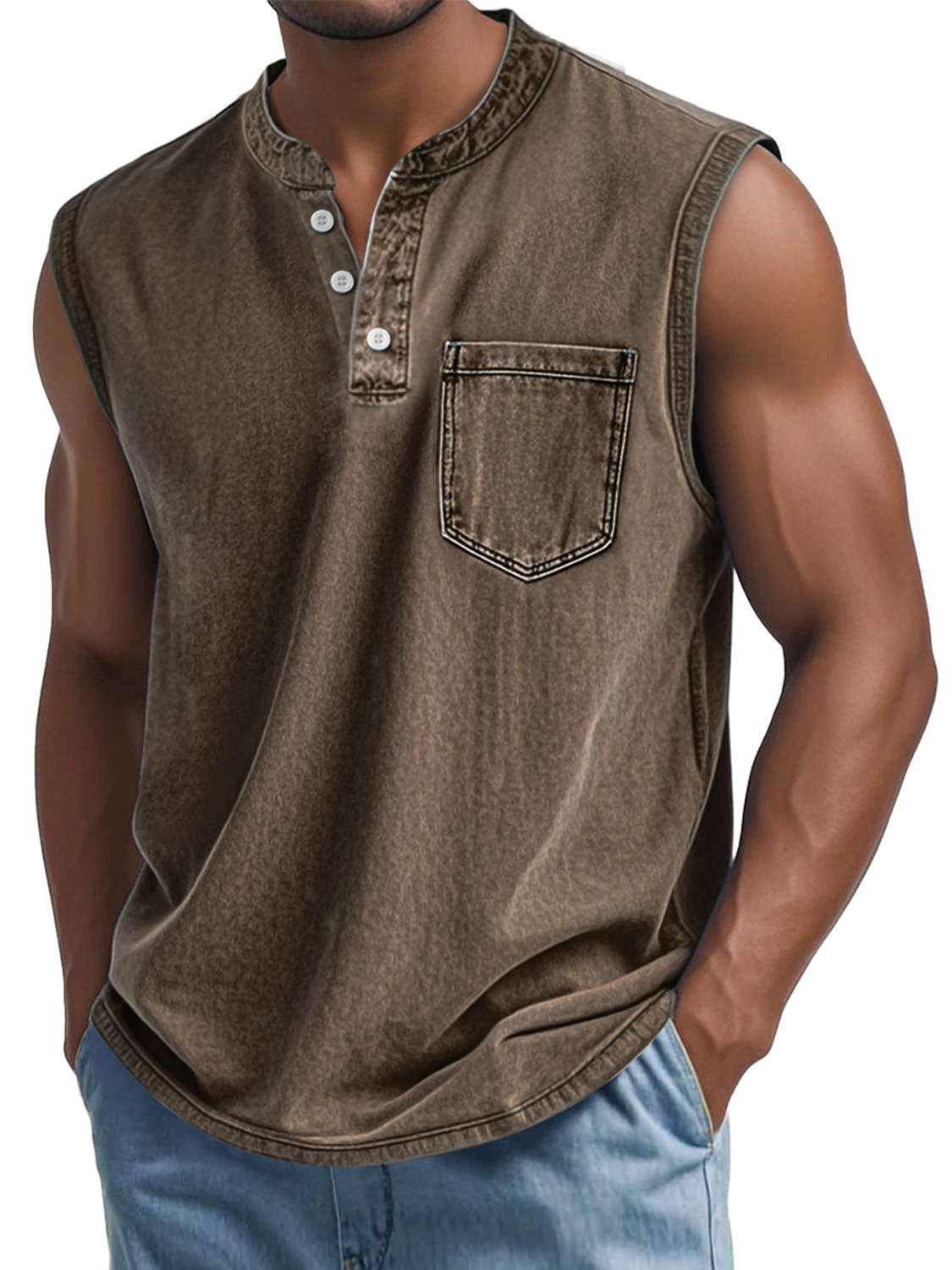 Men's Vintage Washed Cotton Stand Collar Pocket Casual Sleeveless Henley Vest