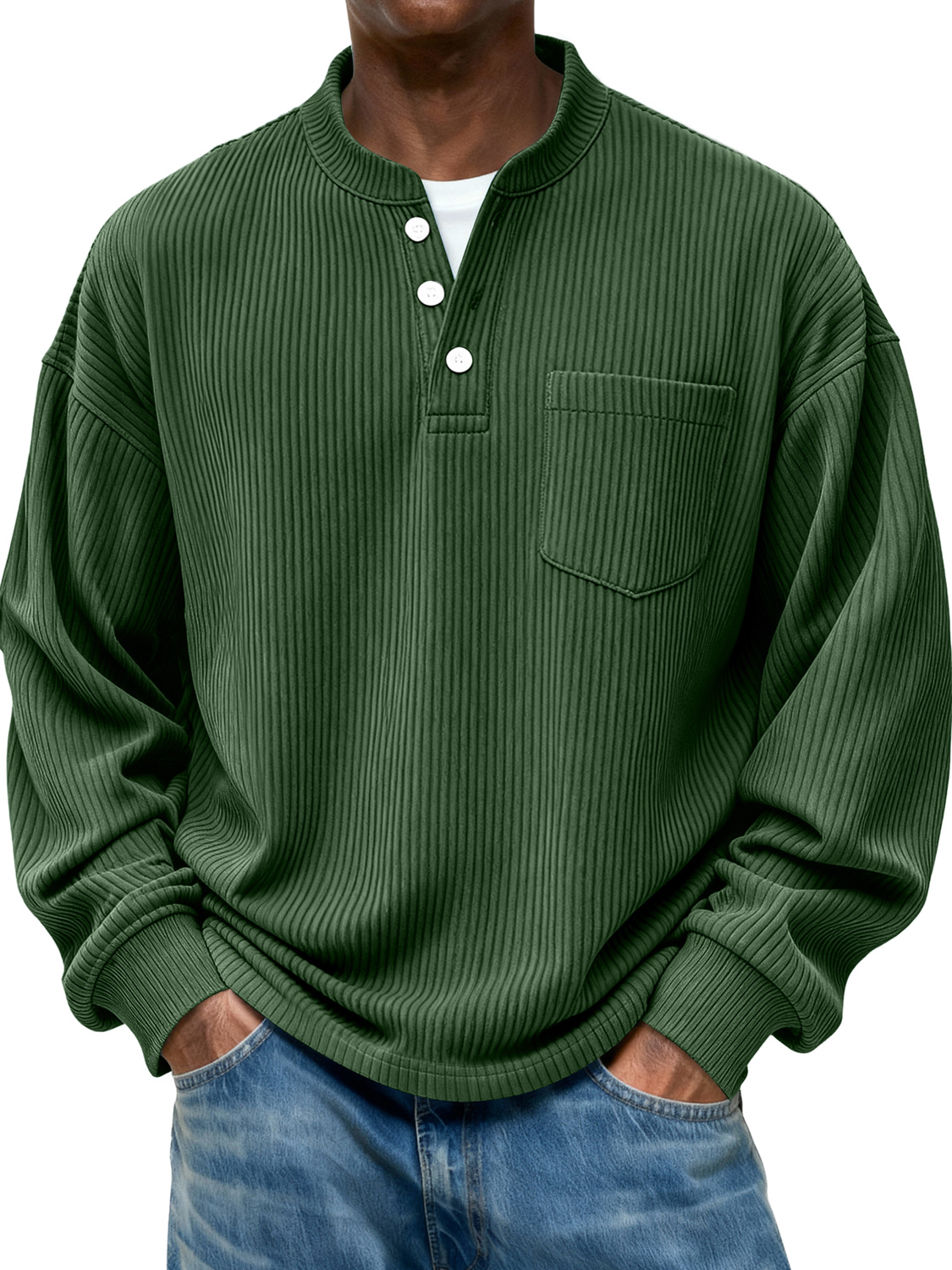 Men's Stand Collar Button Ribbed Casual Pocket Long Sleeve Henley Shirt
