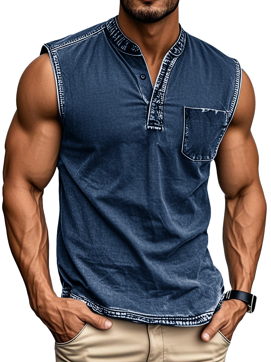 Men's Fashion Retro Distressed Stand-up Collar Pocket Sleeveless Henley Shirt