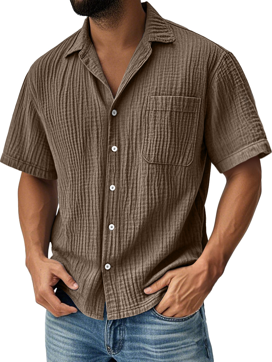 Men's Daily Pleated Pocket Casual Solid Color Short Sleeve Shirt
