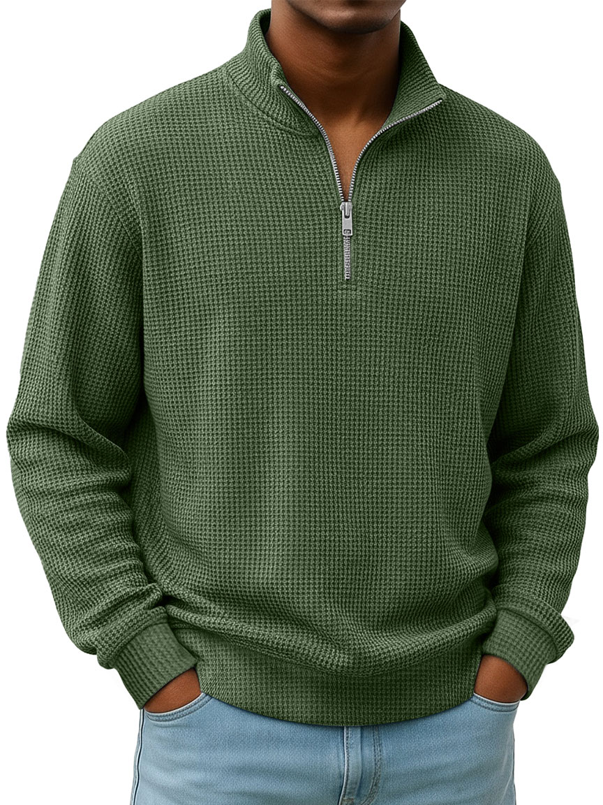 Simple Everyday Waffle Stand-up Collar Zipper Casual Long-sleeved T-shirt