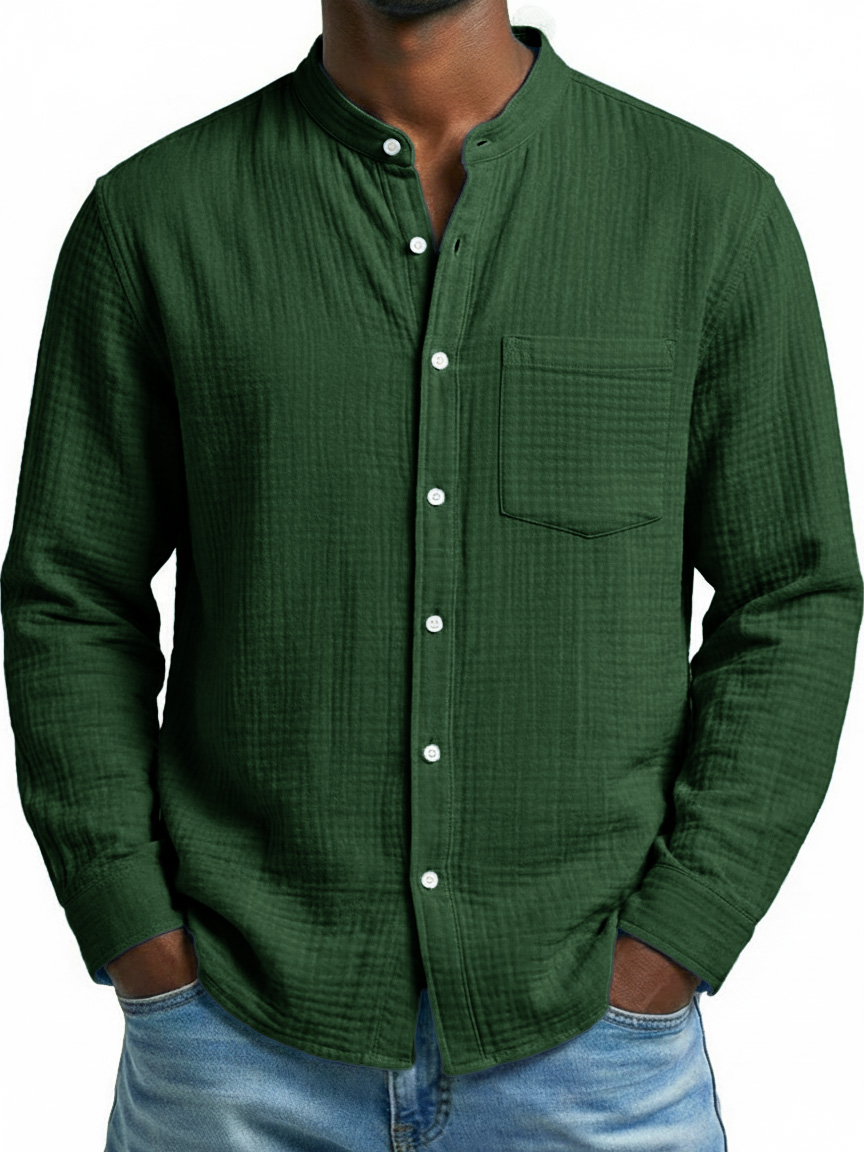 Men's Fashion Casual Retro Stand-Up Collar Pleated Fabric Long-Sleeve Shirt