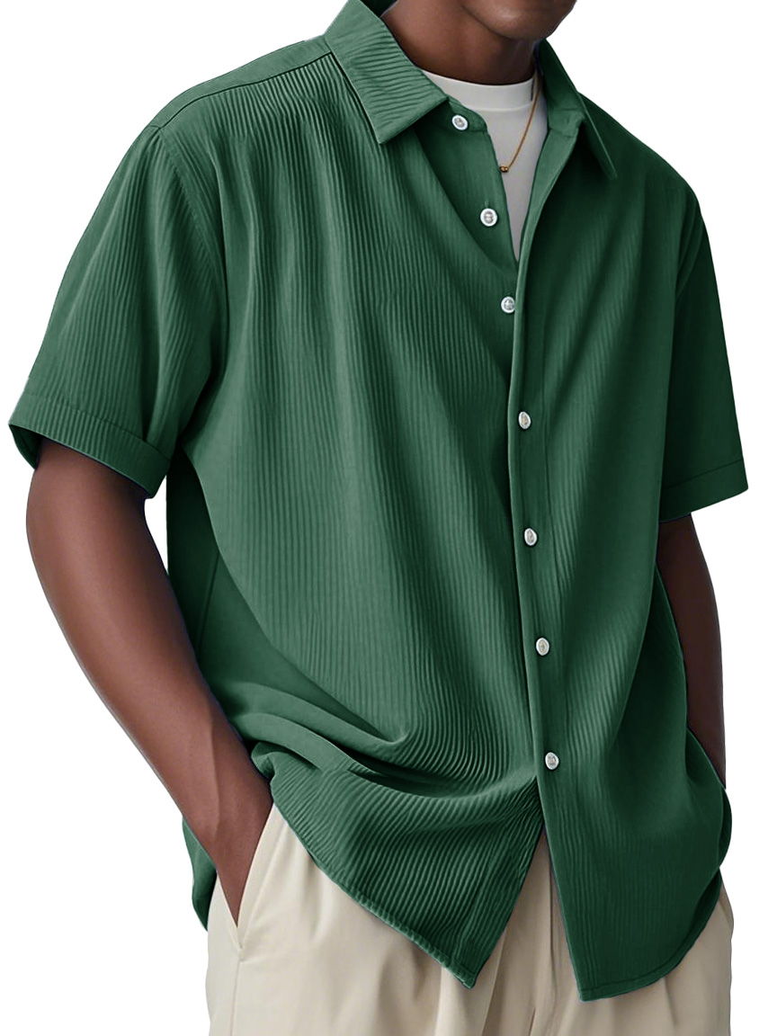 Men's Fashion Casual Striped Fabric Lapel Short-sleeved Shirt