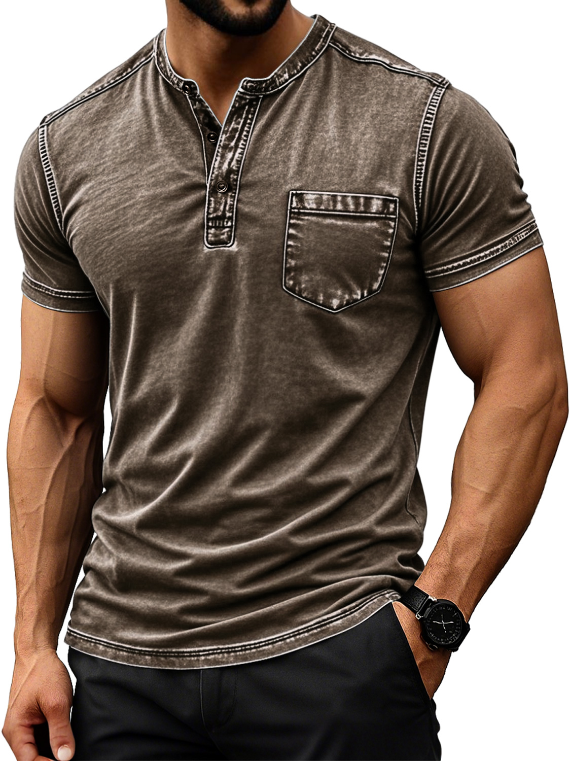 Men's Retro Everyday Casual Pocket Comfort Short Sleeve Henley Shirt