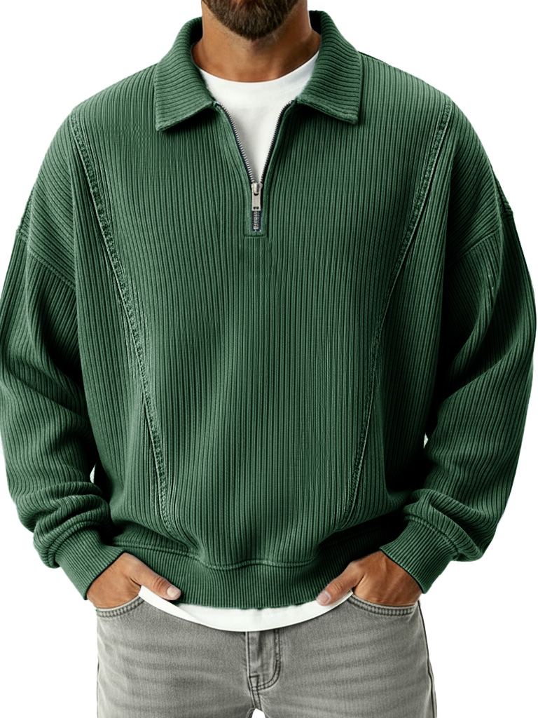 Men's Retro Fashion Ribbed Collar Zipper Long-Sleeve Polo Shirt
