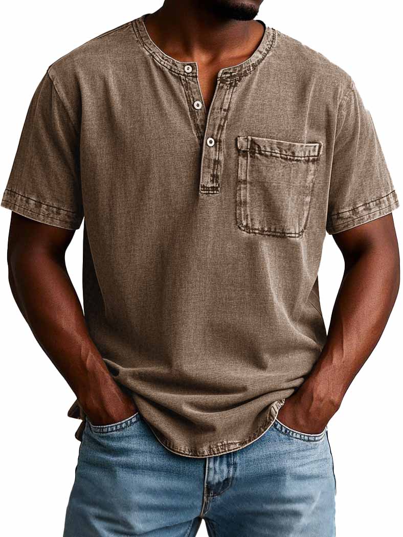 Men's Fashion Casual Vintage Distressed Pocket Short Sleeve Henley Shirt