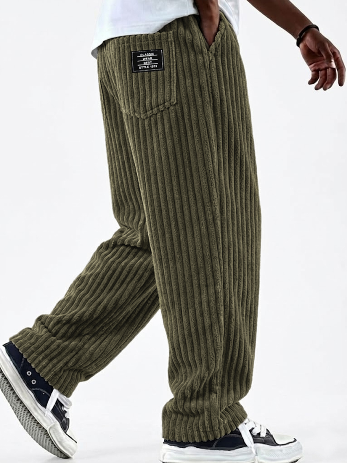 Men's Vintage Corduroy Textured Comfort Wide Striped Pants with Embroidered Minimalist Labels