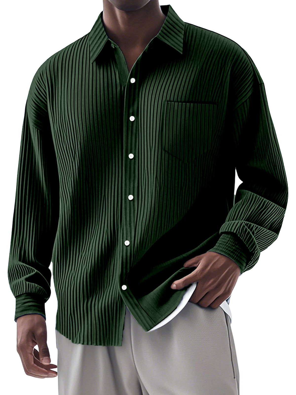 Men's Casual Simple Vertical Pit Strip Long-sleeved Lapel Shirt