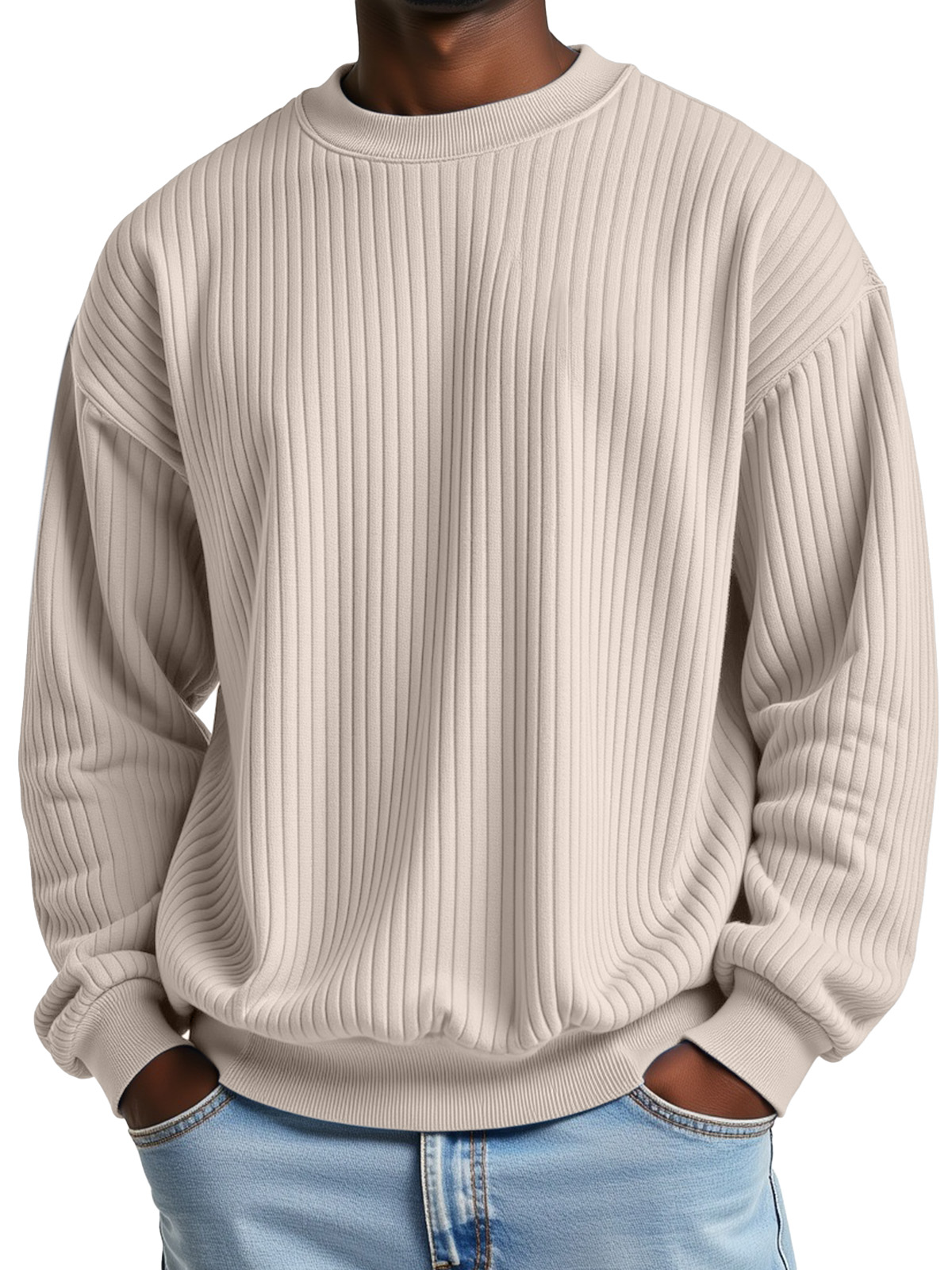 Men's Simple and Comfortable Ribbed Loose Crew Neck Sweatshirt