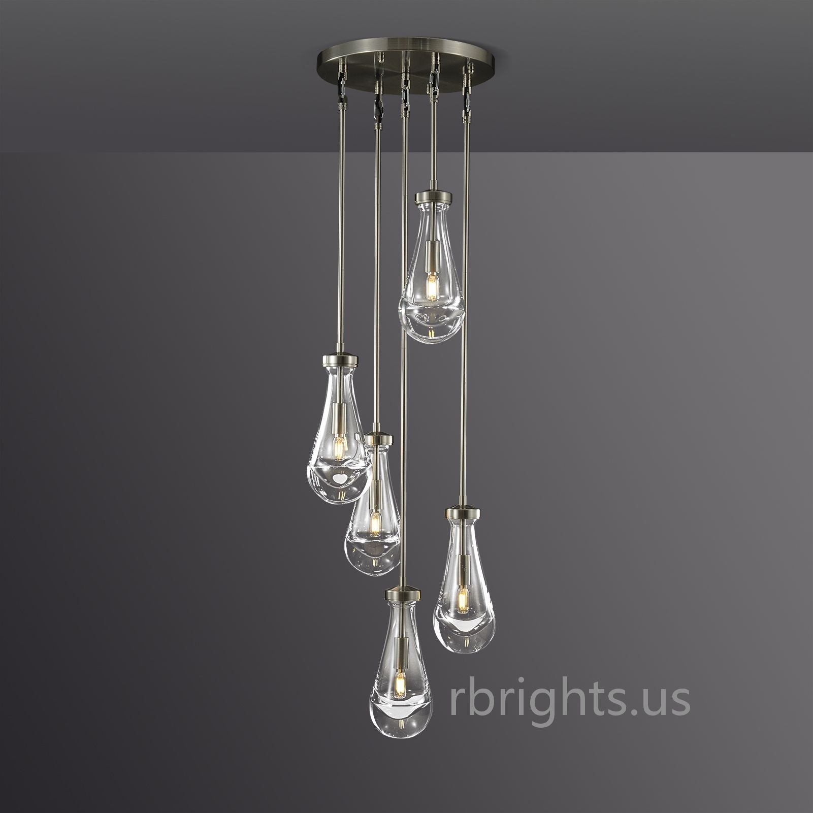 Raindrop round chandelier 14"(rod) Pendant for living room,Pendant for kitchen,Pendant for bathrooms,Pendant for bedrooms,Pendant for foyer,Pendant for stairways,Pendant for dining room Rbrights Satin Nickel  