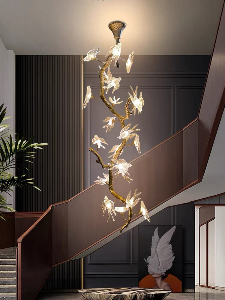 Bird Glass Tree Branch Long Staircase Chandelier chandeliers for dining room,chandeliers for stairways,chandeliers for foyer,chandeliers for bedrooms,chandeliers for kitchen,chandeliers for living room Rbrights   
