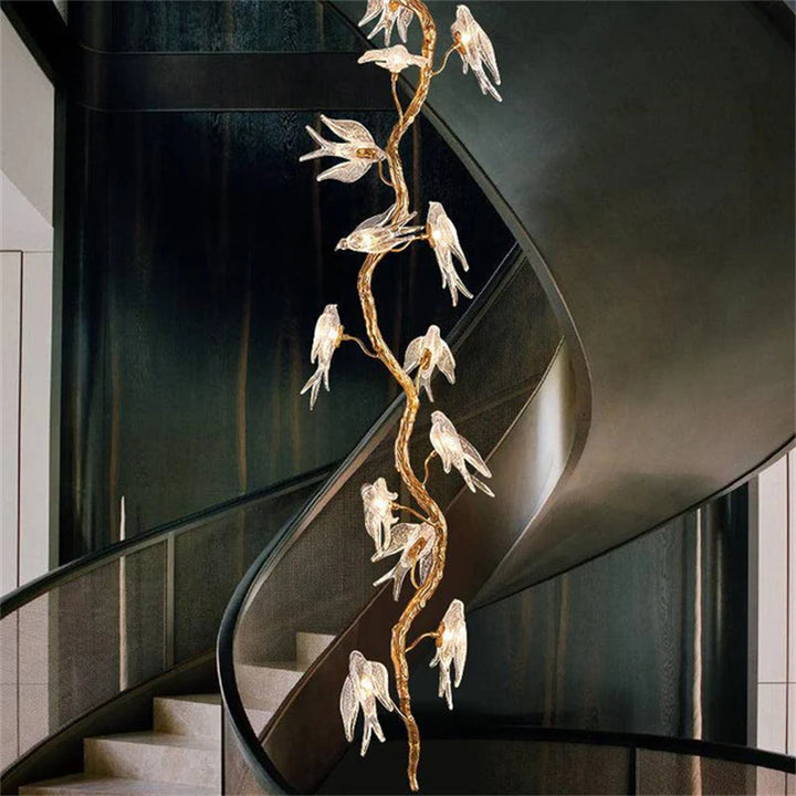 Bird Glass Tree Branch Long Staircase Chandelier chandeliers for dining room,chandeliers for stairways,chandeliers for foyer,chandeliers for bedrooms,chandeliers for kitchen,chandeliers for living room Rbrights 17.7" D x 70.9" H  