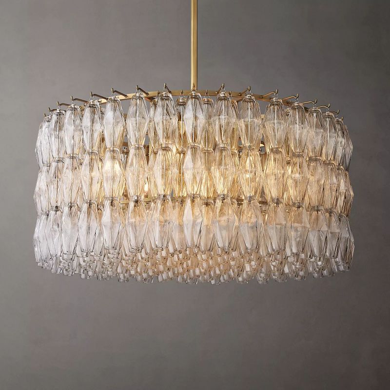 Chara Glass Round Chandelier 37" chandeliers for dining room,chandeliers for stairways,chandeliers for foyer,chandeliers for bedrooms,chandeliers for kitchen,chandeliers for living room Rbrights Lacquered Burnished Brass Clear 