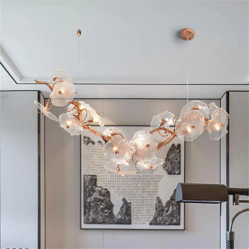 Kacey Modern Leaf Glass Flower Linear Chandelier chandeliers for dining room,chandeliers for stairways,chandeliers for foyer,chandeliers for bedrooms,chandeliers for kitchen,chandeliers for living room Rbrights   