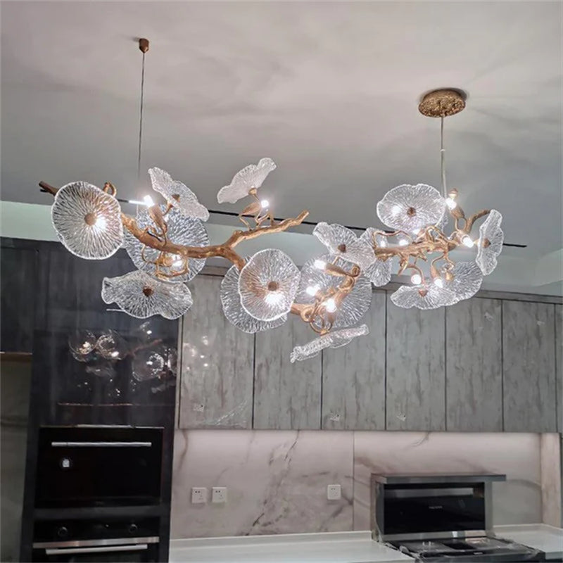 Kacey Modern Leaf Glass Flower Linear Chandelier chandeliers for dining room,chandeliers for stairways,chandeliers for foyer,chandeliers for bedrooms,chandeliers for kitchen,chandeliers for living room Rbrights   