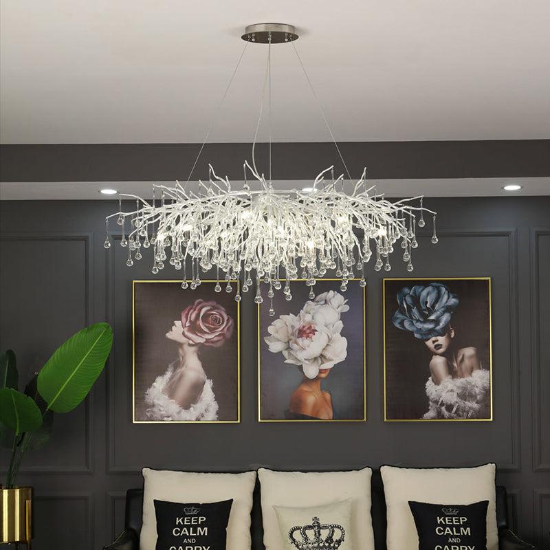 Lola Modern Raindrop Tree Branch Crystal Chandelier 47.5" L chandeliers for dining room,chandeliers for stairways,chandeliers for foyer,chandeliers for bedrooms,chandeliers for kitchen,chandeliers for living room Rbrights Silver  