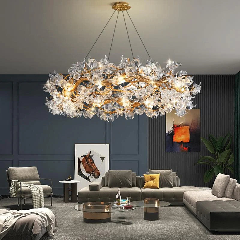 Modern Petal Crystal Round Brass Branch Chandelier chandeliers for dining room,chandeliers for stairways,chandeliers for foyer,chandeliers for bedrooms,chandeliers for kitchen,chandeliers for living room Rbrights 24" W X 14" H  