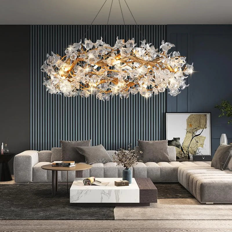 Modern Petal Crystal Round Brass Branch Chandelier chandeliers for dining room,chandeliers for stairways,chandeliers for foyer,chandeliers for bedrooms,chandeliers for kitchen,chandeliers for living room Rbrights 31" W X 16" H  