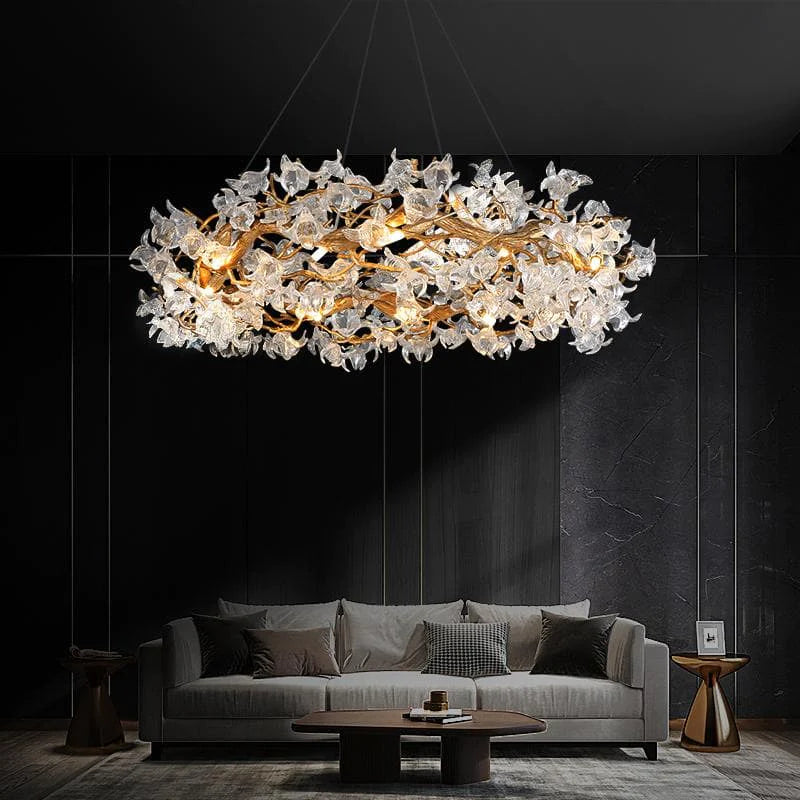 Modern Petal Crystal Round Brass Branch Chandelier chandeliers for dining room,chandeliers for stairways,chandeliers for foyer,chandeliers for bedrooms,chandeliers for kitchen,chandeliers for living room Rbrights 47" W X 18" H  