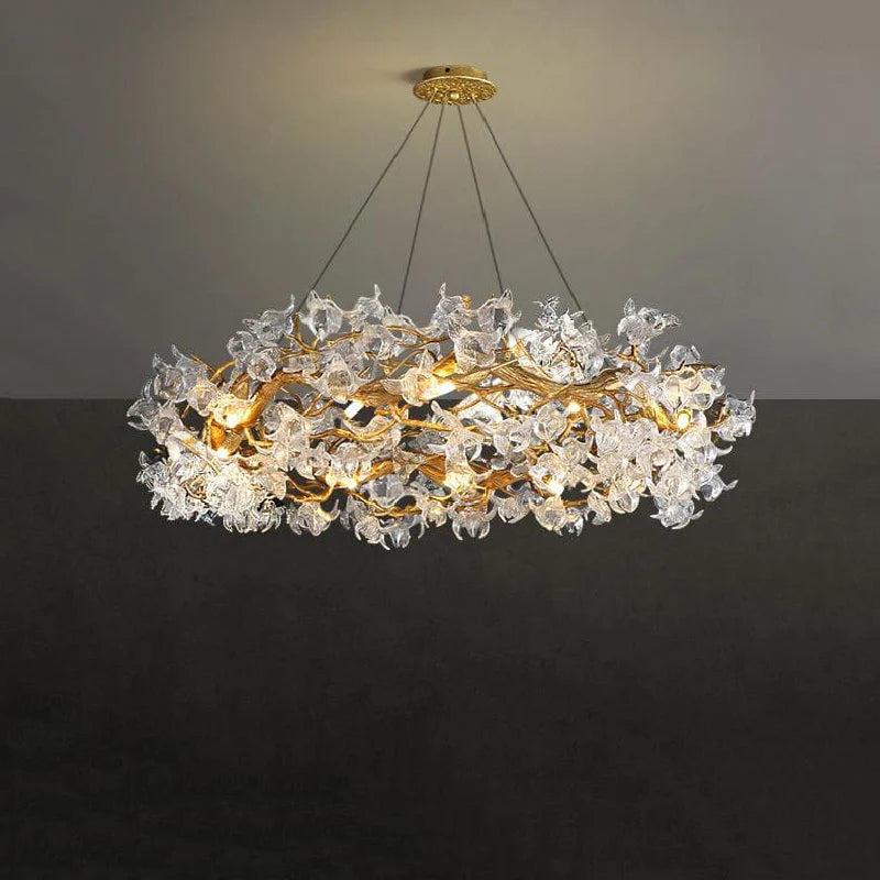 Modern Petal Crystal Round Brass Branch Chandelier chandeliers for dining room,chandeliers for stairways,chandeliers for foyer,chandeliers for bedrooms,chandeliers for kitchen,chandeliers for living room Rbrights 59" W X 20" H  