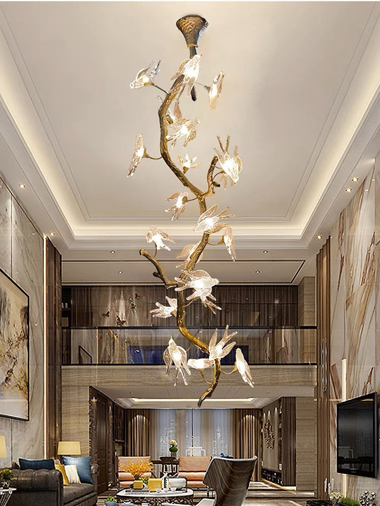 Bird Glass Tree Branch Long Staircase Chandelier chandeliers for dining room,chandeliers for stairways,chandeliers for foyer,chandeliers for bedrooms,chandeliers for kitchen,chandeliers for living room Rbrights   