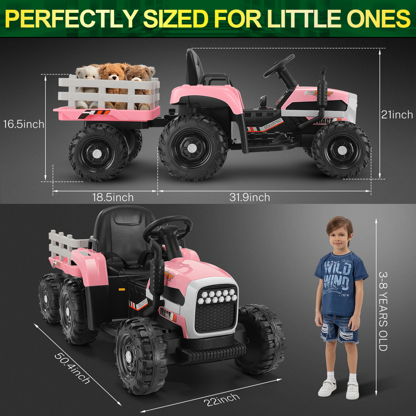 Funcid 12V Kids Ride on Tractor with Trailer