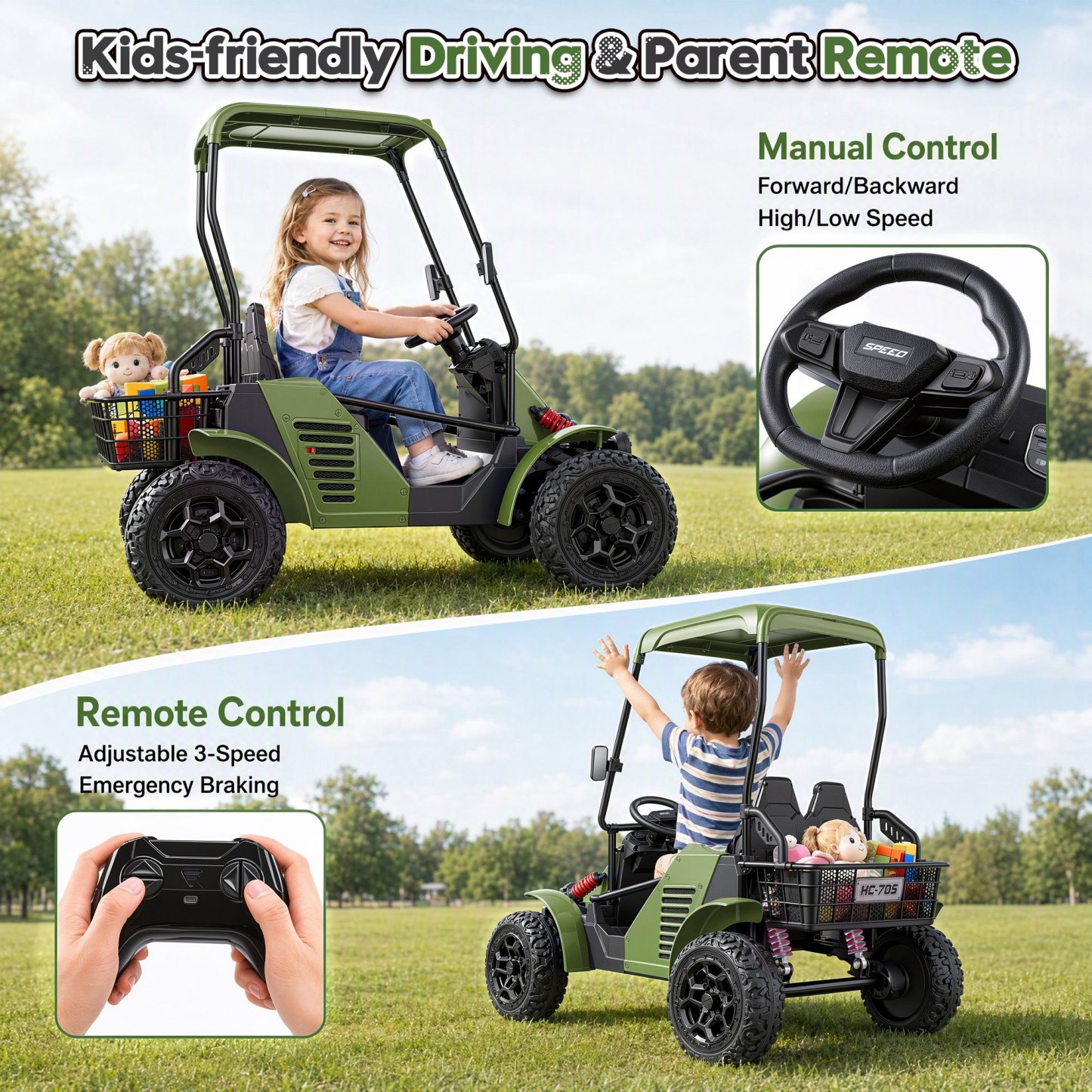 Funcid 36V Kids Golf Cart, 4WD 6.21 MPH 2 Seater Electric Cars with 7Ah Big Battery