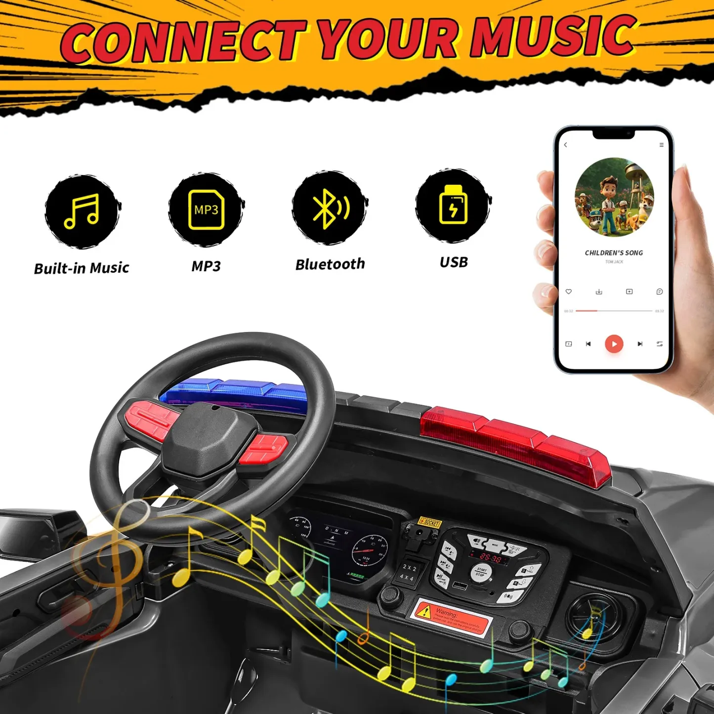 Funcid 24V 2-Seater Kids Ride on Police Car 4x4 Ride on Toys W/ Remote Control Battery Powered Ride on Electric Truck Car