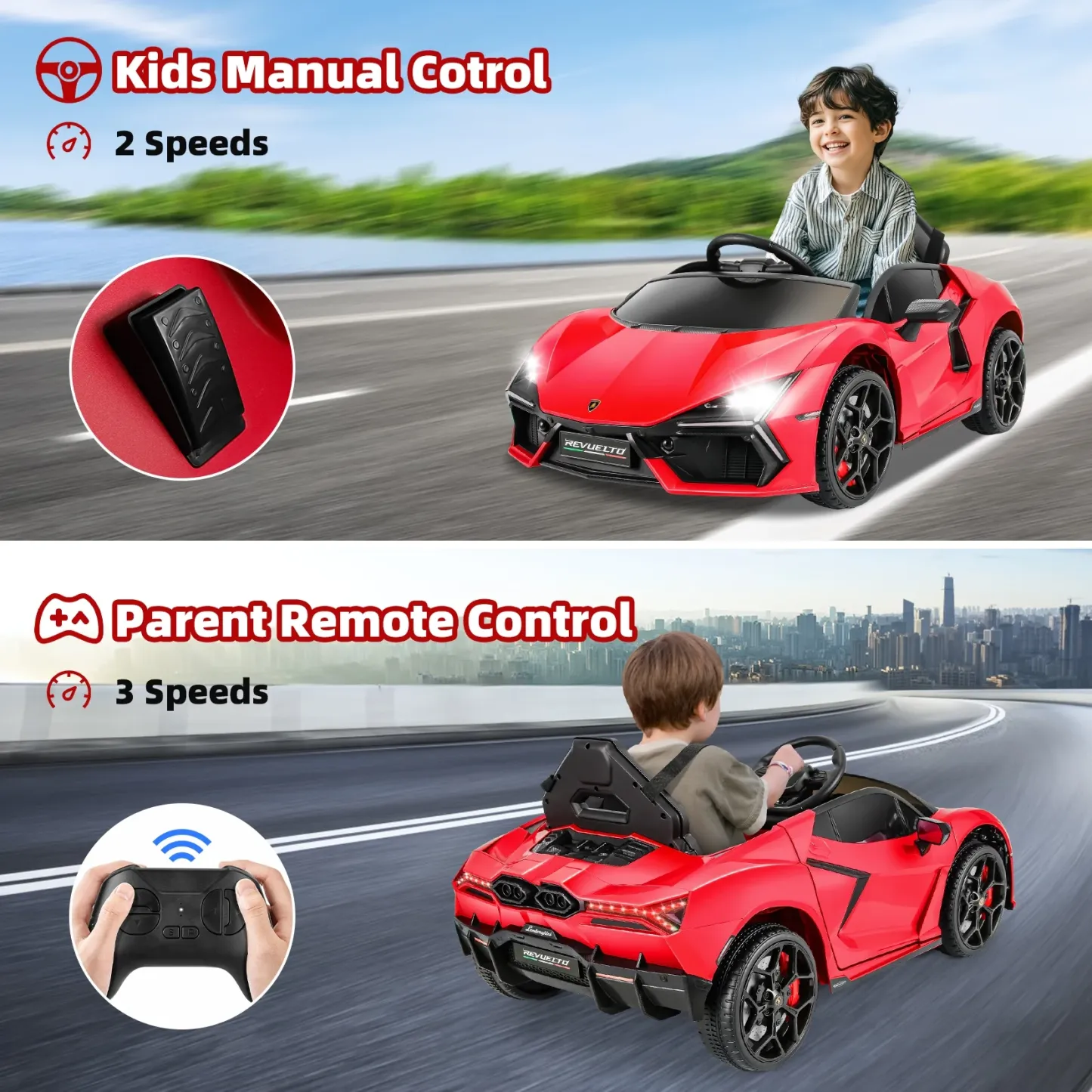 Funcid Kids Electric Ride On 12V Licensed Lamborghini Aventador Battery Powered Sports Car Toy with 3 Speeds Parent Remote Control