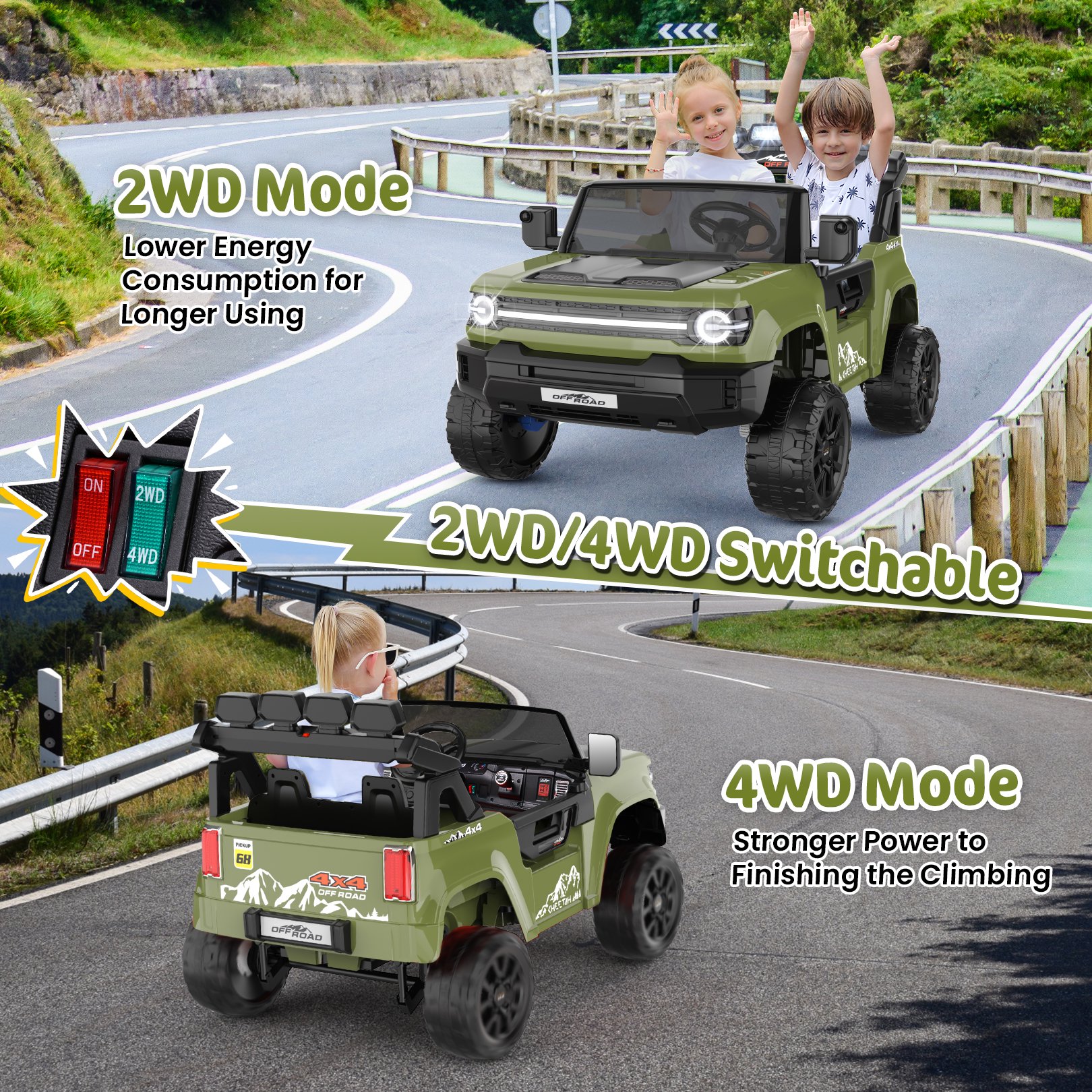 Funcid 24V 2-Seater Ride on Toys, 2WD/4WD Switchable 800W Ride on Truck