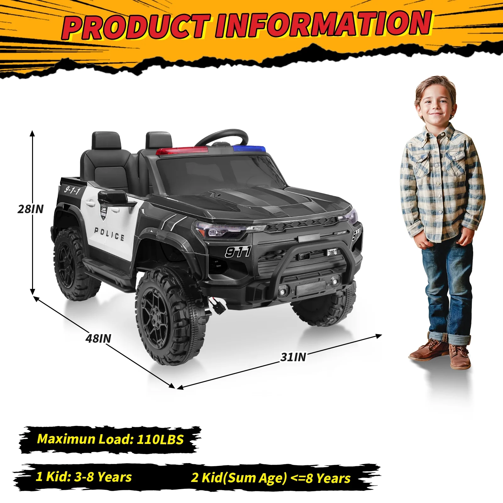 Funcid 24V 2-Seater Kids Ride on Police Car 4x4 Ride on Toys W/ Remote Control Battery Powered Ride on Electric Truck Car