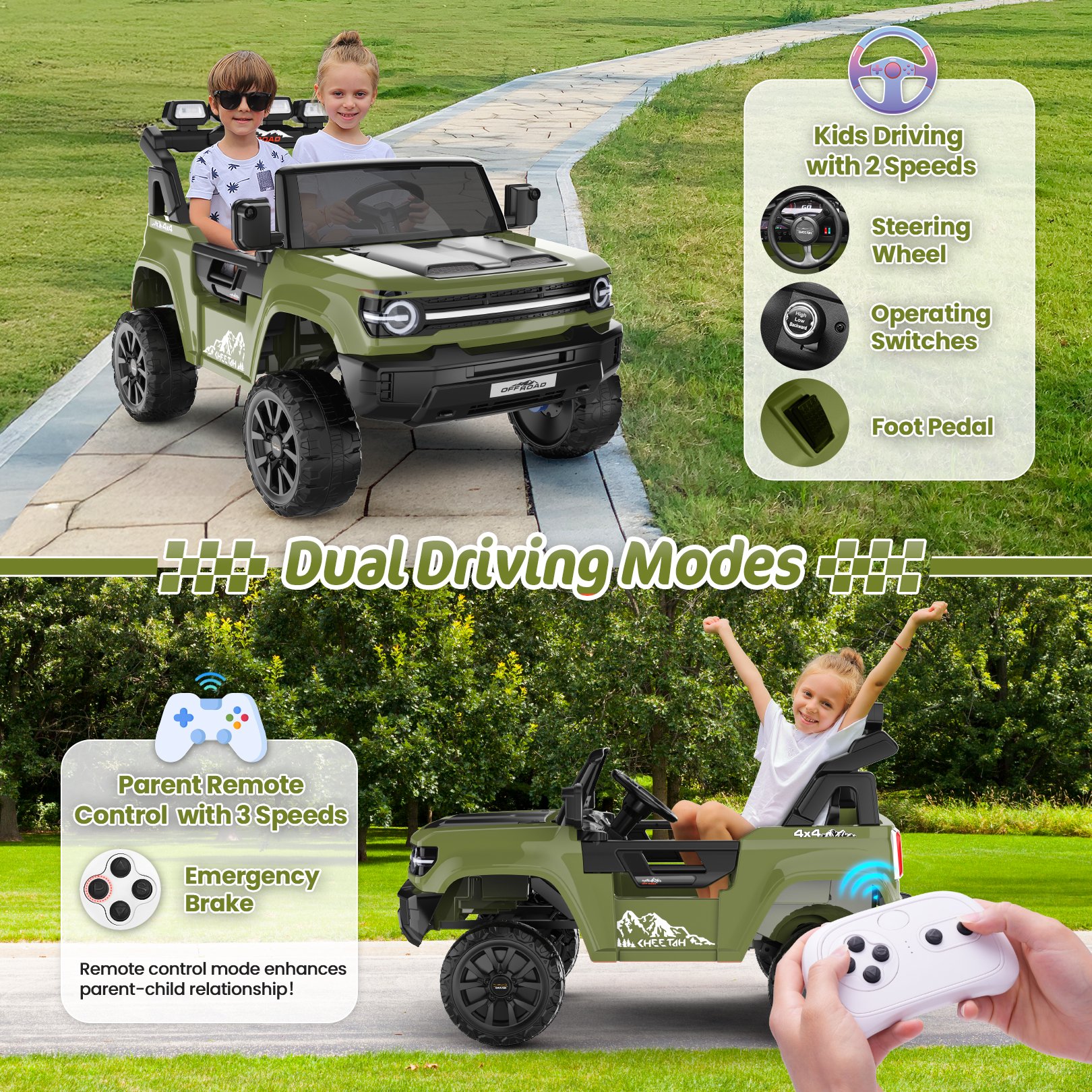 Funcid 24V 2-Seater Ride on Toys, 2WD/4WD Switchable 800W Ride on Truck