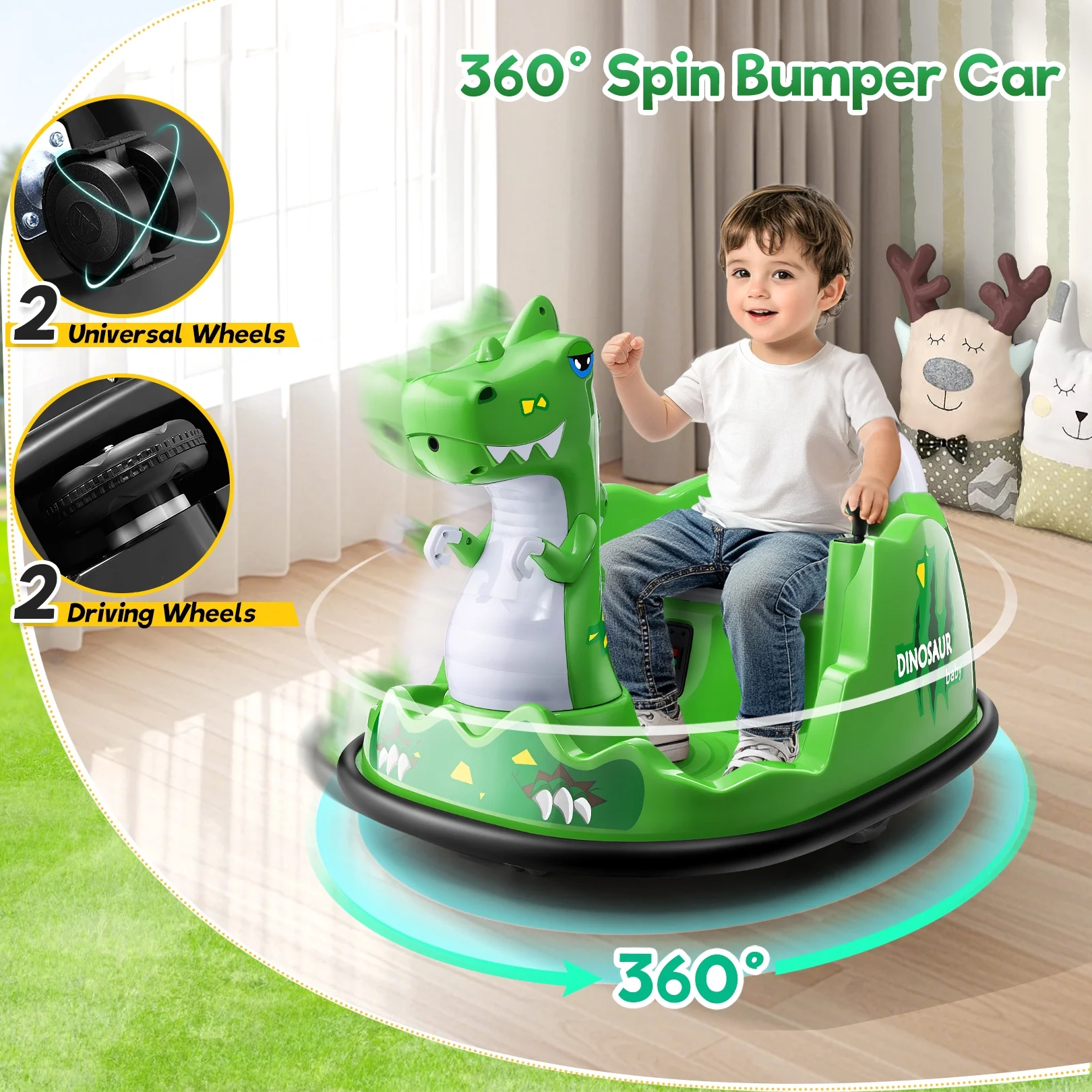 Funcid 12V Dinosaur Bumper Car with Remote Control, 360° Spin Ride on Toy for Toddler, Kids Electric Car for Ages 2+