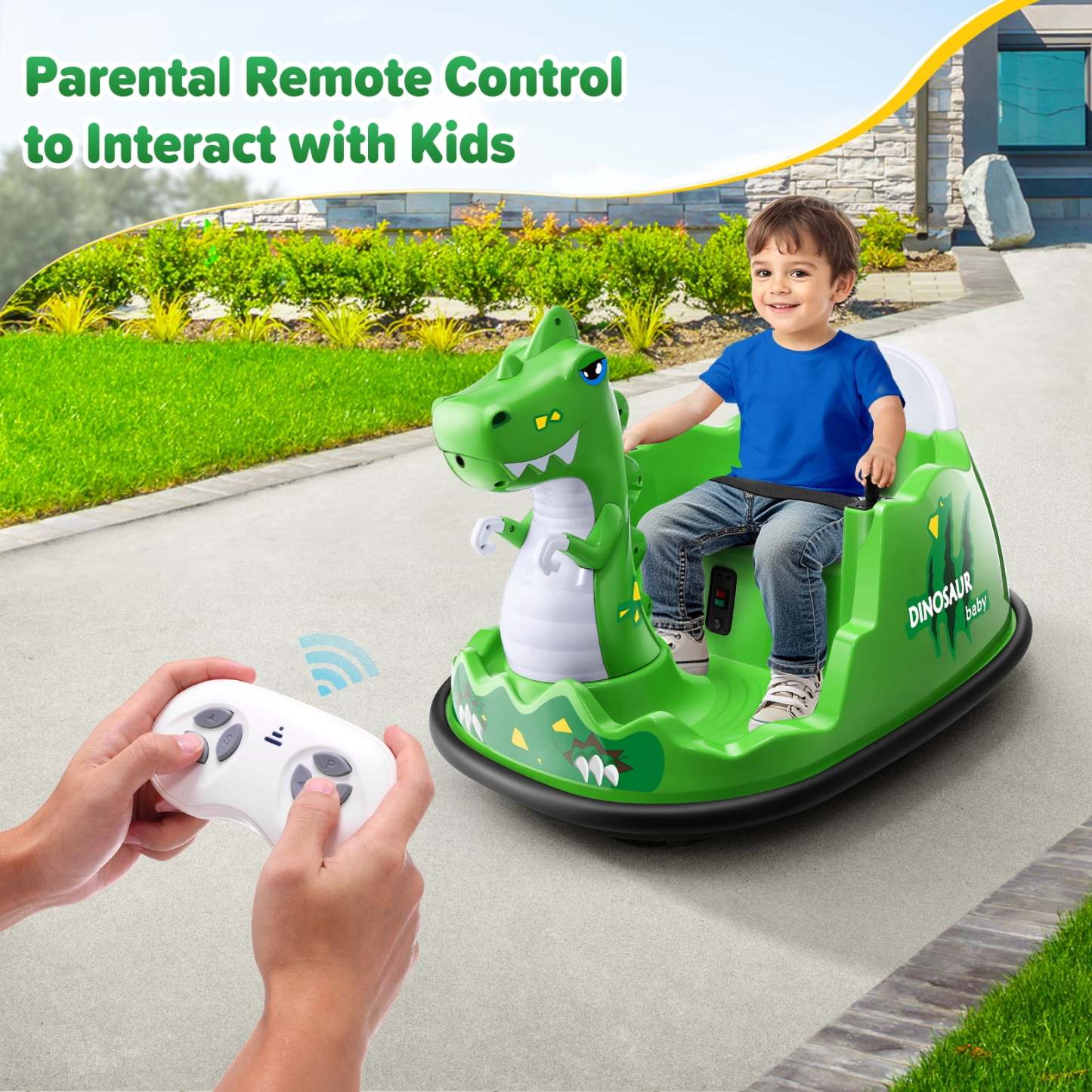 Funcid 12V Dinosaur Bumper Car with Remote Control, 360° Spin Ride on Toy for Toddler, Kids Electric Car for Ages 2+