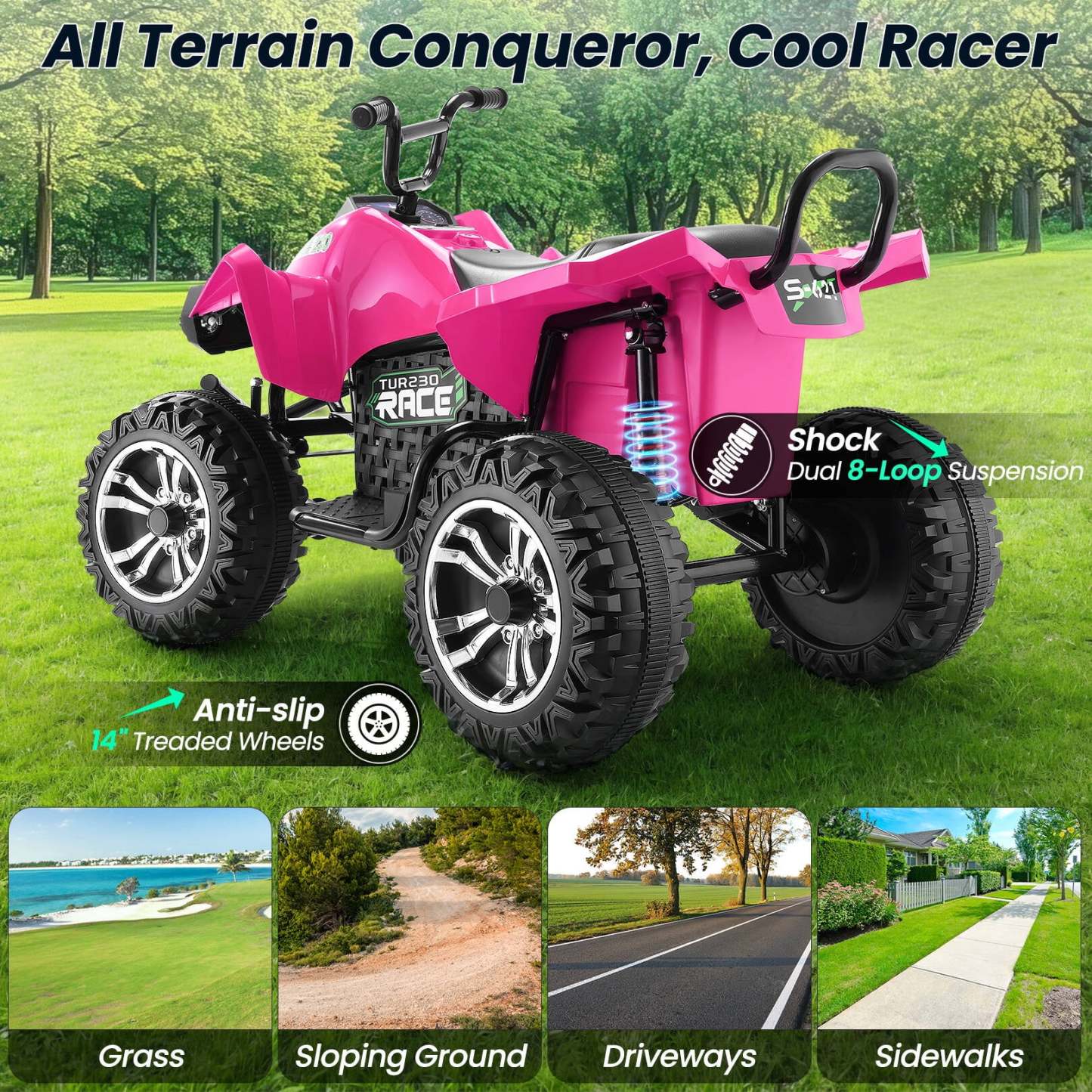 Funcid 24V 2-Seater Kids ATV, 4 Wheeler Electric Ride on Car with 400W Motors